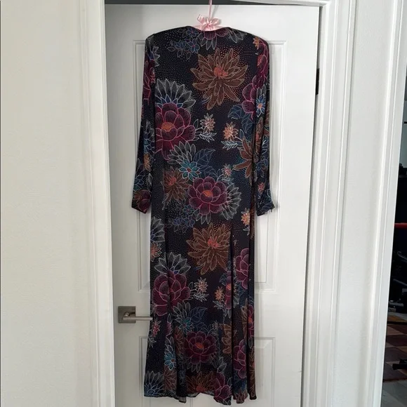 FARM Rio Blue Floral Dot Print Satin Maxi Dress - Long Sleeve, Size S - Picture 10 of 16